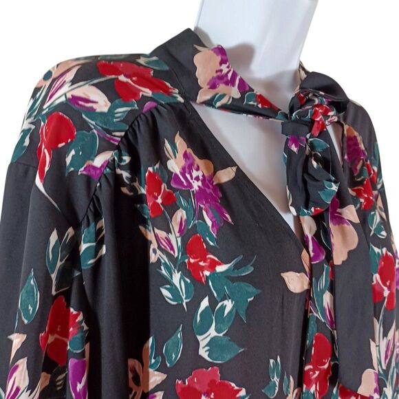EVRI 4X Floral Tie Neck Tunic Blouse Black Red Purple Long Sleeve Semi Sheer - Picture 3 of 9
